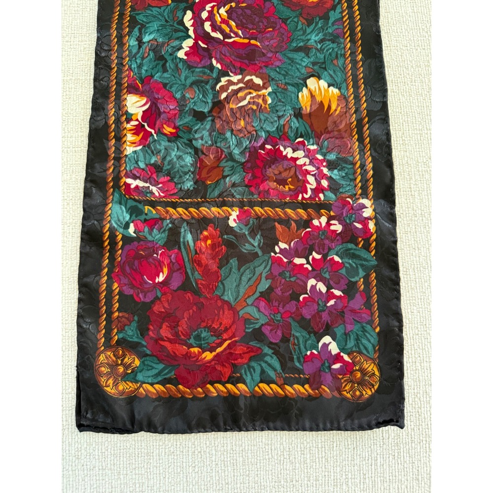 Vintage Black Floral Oblong Scarf Gold Rope Trim Pink Red Flowers 53" x10"